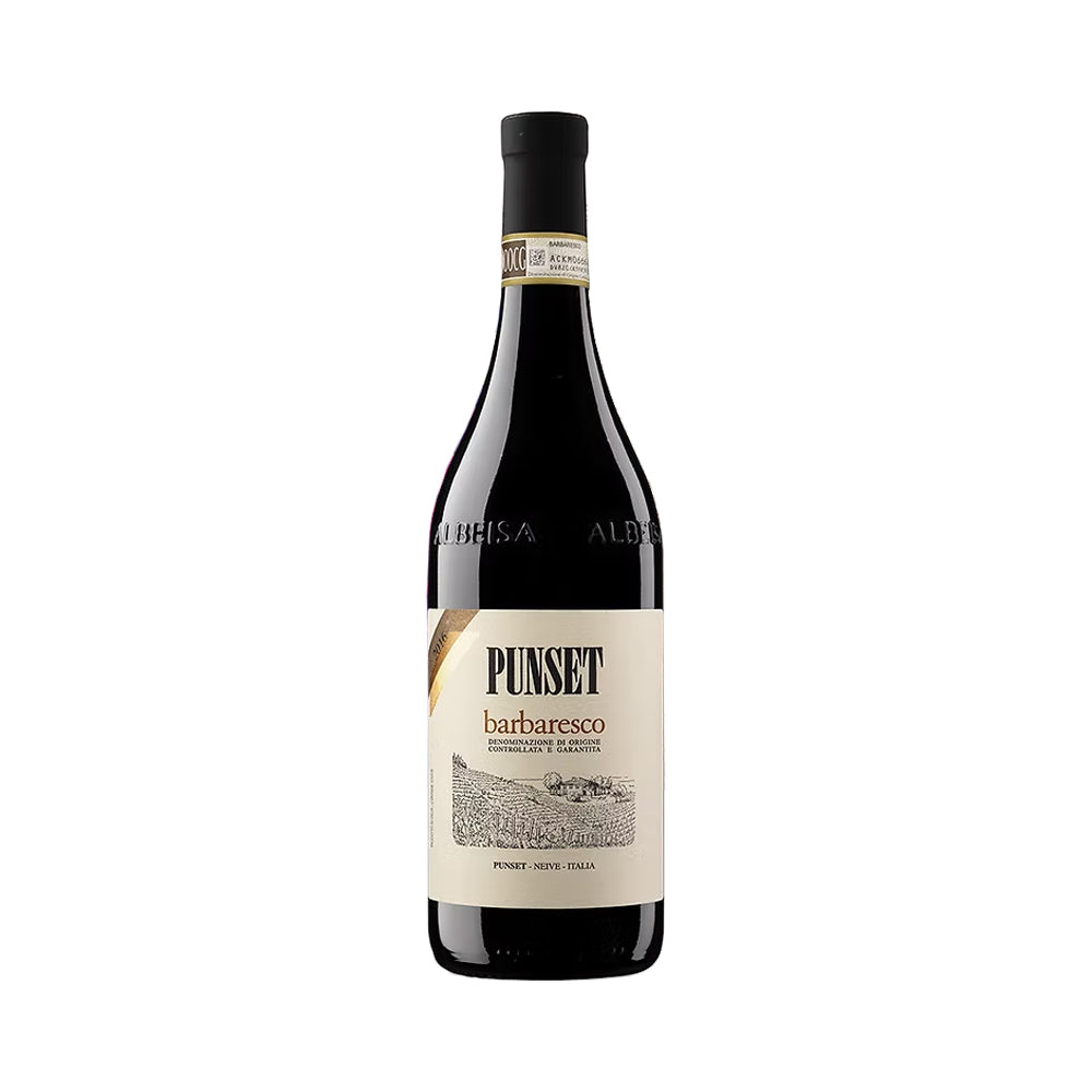 A bottle of Punset Barbaresco non-alcoholic red wine, featuring a dark glass bottle with a cream-colored label and a black screw cap, set against a plain white background.