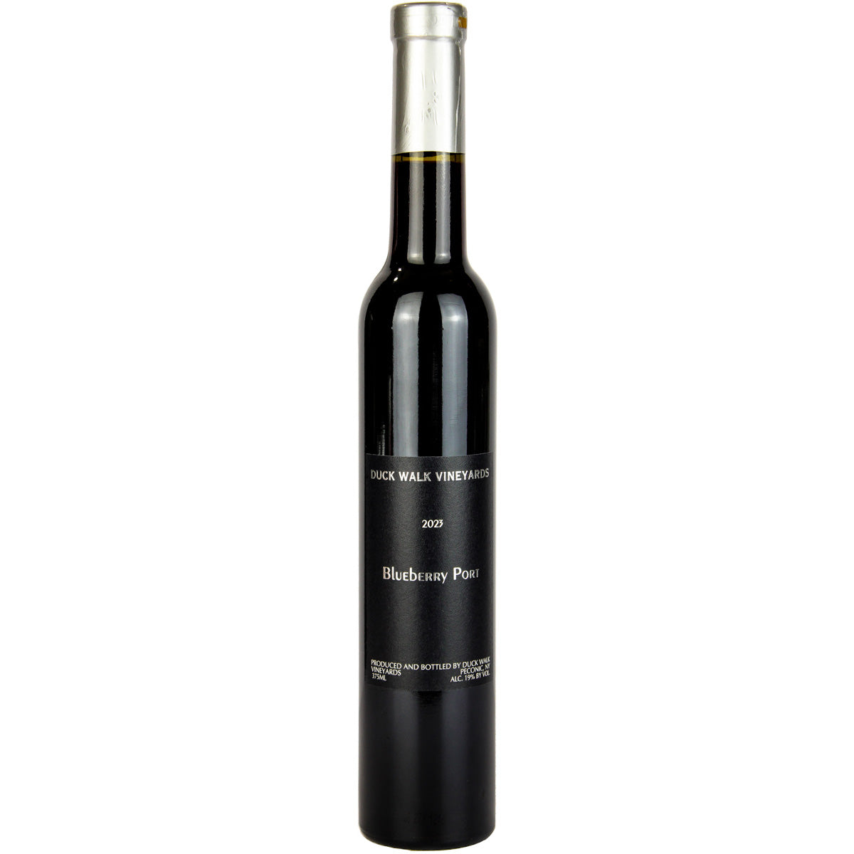 Black wine bottle with silver foil cap on a white background