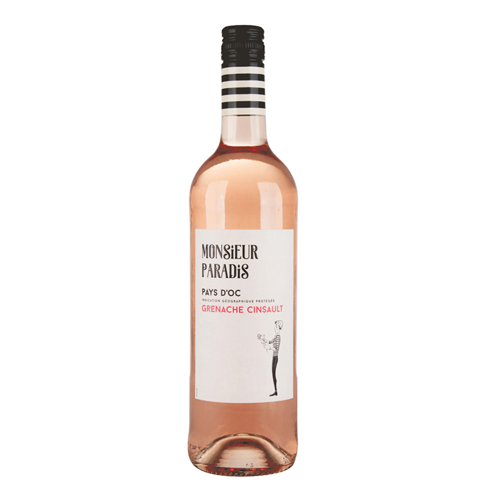 Bottle of Monsieur Paradis rose wine on a white background