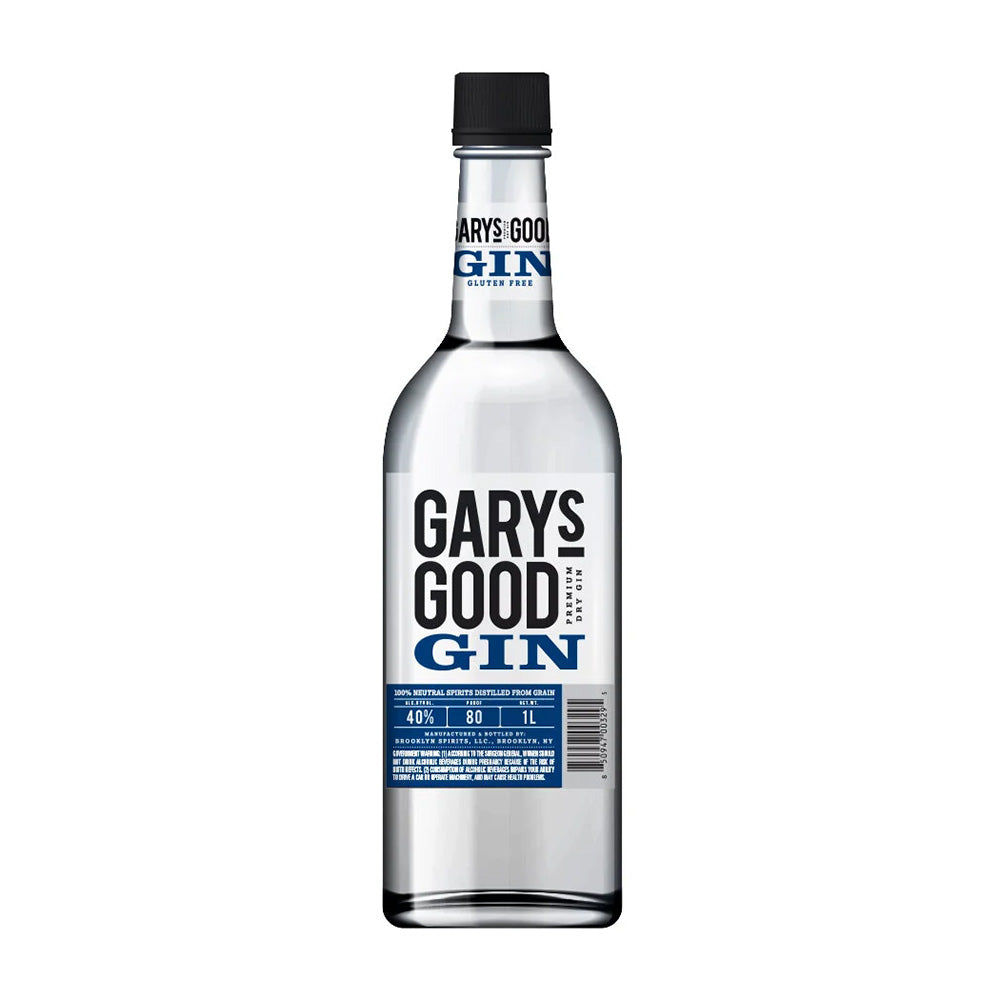 A bottle of Gary's Good Gin with a white label, predominantly featuring blue text. The bottle is clear with a visible spirit inside.